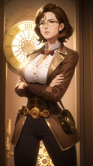 Anime-Style Image of A Gorgeous 25-Year-Old British Female Clock Mechanic, (Short Wavy Brunette Hair), (Golden Brown Eyes), (Fair Skin), (Wearing Brown and Gold Steampunk-style Outfit with Glasses and Corsets, with Ornate Golden Gears and Clocks), (Steampunk Workshop Interior), (Crossed Arms Pose:1.2), (Waist Up Shot), (View From Front), Realistic Lighting, Intricate Face Detail, Intricate Hand Details, Vibrant Colors, Highly Detailed, High Definition, Trending on Artstation--style raw,arcane style