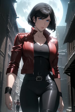 (Masterpiece, Best Quality), (A Gorgeous 25-Year-Old British Female Mercenary), (Wavy Bobcut Black Hair:1.4), (Pale Skin:1.2), (Blue Eyes), (Wearing Red Leather Jacket, Black V-Neck Inner Shirt, and Black Tight Pants:1.4), (Moonlit City Buildings at Night:1.2), (Walking Pose:1.4), Centered, (Half Body Shot:1.4), (From Front Shot:1.2), Insane Details, Intricate Face Detail, Intricate Hand Details, Cinematic Shot and Lighting, Realistic and Vibrant Colors, Sharp Focus, Ultra Detailed, Realistic Images, Depth of Field, Incredibly Realistic Environment and Scene, Master Composition and Cinematography, castlevania style,castlevania style