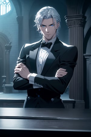 (Masterpiece, Best Quality), (A Muscular 30-Year-Old Slavic Male Vampire Warrior), (Tousled Icy Blue Hair:1.2), (Pale Skin), (Sharp Blue Eyes), (Wearing Black Formal Attire with Silver Accent:1.4), (Castle Hall at Night:1.4), (Dynamic Pose:1.2), Centered, (Half Body Shot:1.4), (From Front Shot:1.4), Insane Details, Intricate Face Detail, Intricate Hand Details, Cinematic Shot and Lighting, Realistic and Vibrant Colors, Sharp Focus, Ultra Detailed, Realistic Images, Depth of Field, Incredibly Realistic Environment and Scene, Master Composition and Cinematography,castlevania style