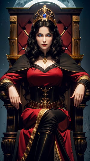 Photorealistic Image of A Stern 30-Year-Old British Female Vampire Heiress, (Wavy Short Black Hair adorned with Diadem:1.2), (Pale Skin), (Blue Eyes), (Wearing Black and Red Aristocratic Attire with Golden Accent:1.2), (Castle Hall with Moonlight Glow:1.2), (Sitting Elegantly on Throne Pose:1.4), (Waist-Up Shot), (View From Front:1.2), Realistic Lighting, Intricate Face Detail, Intricate Hand Details, Vibrant Colors, Highly Detailed, High Definition, Trending on Artstation--style raw,castlevania style