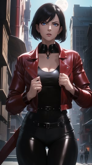 Anime-Style Image of A Gorgeous 25 Years Old British Female Vampire Mercenary, (Unkempt Bobcut Black Hair), (Pale Skin), (Blue Eyes), (Serious Face),  (Wearing Red Leather Jacket, Black V-Neck Inner Shirt, and Black Tight Pants:1.4), (Moonlit City Buildings at Night), (Wearing a Jacket while Walking Pose), (Waist Up Shot), (View From Front), Realistic Lighting, Intricate Face Detail, Intricate Hand Details, Vibrant Colors, Highly Detailed, High Definition, Trending on Artstation--style raw,arcane style