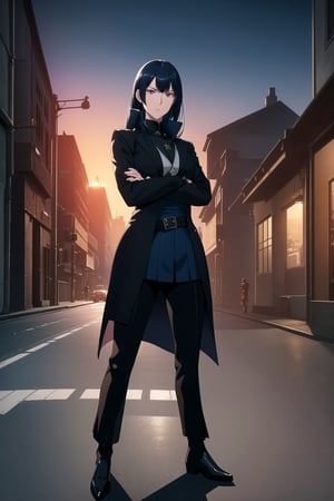 (Masterpiece, Best Quality), (A Stern 25-Year-Old Japanese Female Secret Agent), (Low-Tied Navy Blue Hair:1.2), (Pale Skin), (Brown Eyes), (Wearing Black and Blue Sleek Tactical Outfit:1.4), (Modern City Road at Night:1.4), (Crossed Arms Pose:1.4), Centered, (Half Body Shot:1.4), (From Front Shot:1.4), Insane Details, Intricate Face Detail, Intricate Hand Details, Cinematic Shot and Lighting, Realistic and Vibrant Colors, Sharp Focus, Ultra Detailed, Realistic Images, Depth of Field, Incredibly Realistic Environment and Scene, Master Composition and Cinematography, castlevania style,castlevania style