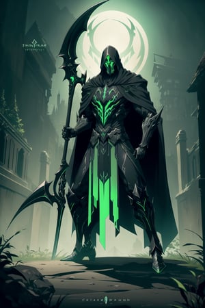 (Masterpiece, Best Quality), (Grim Reaper in Warframe Style Armor), (Masculine Appearance:1.4), (Muscular Frame Build:1.2), (Glowing Green Eyes), (Wearing Black and Green Grim Reaper-Themed Armor and Black Flowing Cloak:1.4), (Wielding a Black Scythe:1.4), (Foggy Cemetery at Night:1.2), (Action Pose:1.4), Centered, (Full Body Shot:1.2), (From Front Shot:1.2), Insane Details, Intricate Face Detail, Intricate Hand Details, Cinematic Shot and Lighting, Realistic and Vibrant Colors, Sharp Focus, Ultra Detailed, Realistic Images, Depth of Field, Incredibly Realistic Environment and Scene, Master Composition and Cinematography, castlevania style,castlevania style,WARFRAME