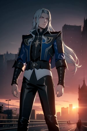 (One Person), (A Handsome 25-Years-old British Male Werewolf Swordsman), (Long Flowing Silver Hair:1.4), (Pale Skin:1.2), (Dark Red Eyes), (Wearing Blue Leather Long Jacket and Black Long Pants:1.4), (City Road at Evening with Sunset:1.6), (Dynamic Pose:1.4), Centered, (Waist-up Shot:1.4), From Front Shot, Insane Details, Intricate Face Detail, Intricate Hand Details, Cinematic Shot and Lighting, Realistic and Vibrant Colors, Masterpiece, Sharp Focus, Ultra Detailed, Taken with DSLR camera, Realistic Photography, Depth of Field, Incredibly Realistic Environment and Scene, Master Composition and Cinematography, neuvillette, castlevania style