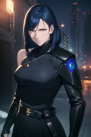 (Masterpiece, Best Quality), (A Stern 25-Year-Old Japanese Female Secret Agent), (Shoulder-length Navy Blue Hair:1.4), (Pale Skin), (Dark Brown Eyes), (Wearing Black and Blue Sleek Tactical Outfit:1.4), (Modern City Road at Night:1.4), (Dynamic Pose:1.2), Centered, (Half Body Shot:1.4), (From Front Shot:1.4), Insane Details, Intricate Face Detail, Intricate Hand Details, Cinematic Shot and Lighting, Realistic and Vibrant Colors, Sharp Focus, Ultra Detailed, Realistic Images, Depth of Field, Incredibly Realistic Environment and Scene, Master Composition and Cinematography, castlevania style,castlevania style