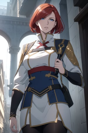 (Masterpiece, Best Quality),  (A Gorgeous 20-Year-Old British Female Vampire Slayer), (Wavy Bobcut Red Hair:1.2), (Pale Skin), (Blue Eyes), (Wearing White and Blue Tactical Assassin Outfit:1.2), (Modern City Road at Noon:1.4), (Walking Pose:1.4), Centered, (Half Body Shot:1.4), (From Front Shot:1.4), Insane Details, Intricate Face Detail, Intricate Hand Details, Cinematic Shot and Lighting, Realistic and Vibrant Colors, Sharp Focus, Ultra Detailed, Realistic Images, Depth of Field, Incredibly Realistic Environment and Scene, Master Composition and Cinematography,castlevania style