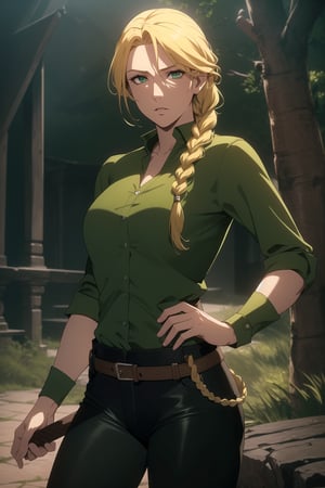(Masterpiece, Best Quality), (A Resilient 25-Year-Old British Female Hunter), (Blonde Hair in a Singular Braid:1.4), (Observant Green Eyes), (Fair Skin), (Wearing Loose-buttoned Dark Green Shirt and Black Tight Pants:1.4), (Outback Wilderness at Night:1.2), (Hands on Hips Pose:1.2), Centered, (Half Body Shot:1.4), (From Front Shot:1.4), Insane Details, Intricate Face Detail, Intricate Hand Details, Cinematic Shot and Lighting, Realistic and Vibrant Colors, Sharp Focus, Ultra Detailed, Realistic Images, Depth of Field, Incredibly Realistic Environment and Scene, Master Composition and Cinematography,castlevania style