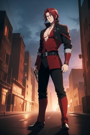 (Masterpiece, Best Quality), (A Skillful 25-Year-Old Japanese Male Secret Agent), (Wavy Short Crimson Hair:1.4), (Pale Skin), (Dark Brown Eyes), (Wearing Black and Red Sleek Tactical Outfit:1.4), (Modern City Road at Night:1.4), (Dynamic Pose:1.2), Centered, (Half Body Shot:1.4), (From Front Shot:1.4), Insane Details, Intricate Face Detail, Intricate Hand Details, Cinematic Shot and Lighting, Realistic and Vibrant Colors, Sharp Focus, Ultra Detailed, Realistic Images, Depth of Field, Incredibly Realistic Environment and Scene, Master Composition and Cinematography, castlevania style,castlevania style