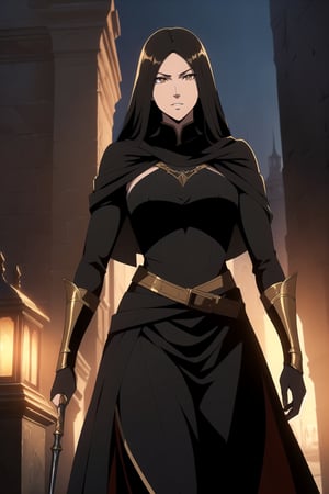 (A Gorgeous 25-Year-Old Middle-Eastern Female Assassin), (Long, Straight Black Hair), (Fair Skin), (Brownish Golden Eyes:1.4), (Wearing Black Veiled Assassin Outfit with Golden Lining:1.4), (Desert Arabian City at Night), (Walking in the Crowds Pose:1.4), Centered, (Waist-up Shot:1.4), (From Front Shot:1.2), Insane Details, Intricate Face Detail, Intricate Hand Details, Cinematic Shot and Lighting, Realistic and Vibrant Colors, Masterpiece, Sharp Focus, Ultra Detailed, Realistic Drawing, Depth of Field, Incredibly Realistic Environment and Scene, Master Composition and Cinematography, castlevania style,castlevania style