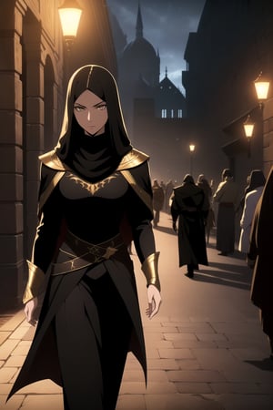 (A Gorgeous 25-Year-Old Middle-Eastern Female Assassin), (Long, Straight Black Hair), (Fair Skin), (Brownish Golden Eyes:1.4), (Wearing Black Veiled Assassin Outfit with Golden Lining:1.4), (Desert Arabian City at Night), (Walking in the Crowds Pose:1.4), Centered, (Waist-up Shot:1.4), (From Front Shot:1.2), Insane Details, Intricate Face Detail, Intricate Hand Details, Cinematic Shot and Lighting, Realistic and Vibrant Colors, Masterpiece, Sharp Focus, Ultra Detailed, Taken with DSLR Camera, Realistic Photography, Depth of Field, Incredibly Realistic Environment and Scene, Master Composition and Cinematography, castlevania style,castlevania style