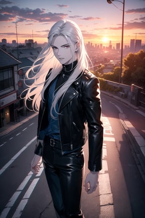 (One Person), (Ultra Realistic Image of a Handsome 25 Years Old British Male Vampire), (Long Flowing Silver Hair:1.2), (Pale Skin:1.6), (Dark Red Eyes), (Wearing Blue Leather Long Jacket and Black Long Pants:1.4), (Dynamic Pose:1.4), (City Road at Evening with Sunset:1.6), Centered, (Waist-up Shot:1.4), From Front Shot, Insane Details, Intricate Face Detail, Intricate Hand Details, Cinematic Shot and Lighting, Realistic and Vibrant Colors, Masterpiece, Sharp Focus, Ultra Detailed, Taken with DSLR camera, Realistic Photography, Depth of Field, Incredibly Realistic Environment and Scene, Master Composition and Cinematography