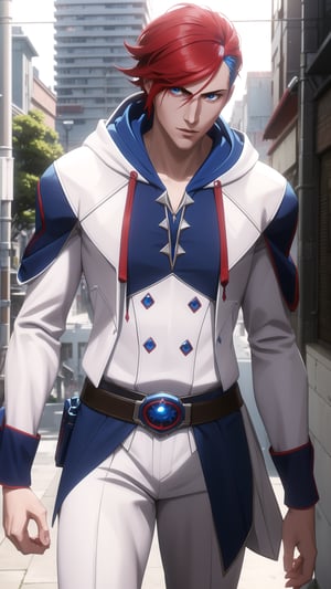 Anime-Style Image of A Handsome 25-Year-Old British Male Vampire Slayer, (Messy Short Red Hair), (Pale Skin), (Blue Eyes), (Wearing White and Blue Hooded Assassin Outfit:1.4), (Modern City Road at Noon), (Walking Pose), (Waist Up Shot), (View From Front), Realistic Lighting, Intricate Face Detail, Intricate Hand Details, Vibrant Colors, Highly Detailed, High Definition, Trending on Artstation--style raw,arcane style