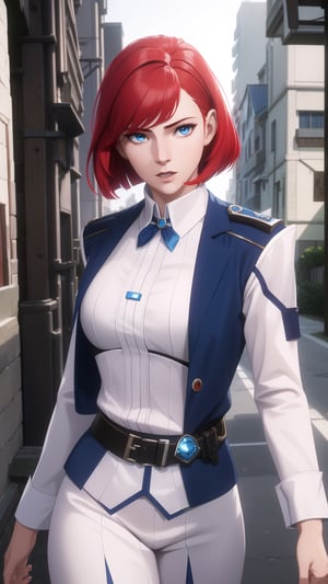 Anime-Style Image of A Gorgeous 20-Year-Old British Female Vampire Slayer, (Wavy Bobcut Red Hair), (Pale Skin), (Blue Eyes), (Wearing White and Blue Tactical Assassin Outfit), (Modern City Road at Noon), (Walking Pose), (Waist Up Shot), (View From Front), Realistic Lighting, Intricate Face Detail, Intricate Hand Details, Vibrant Colors, Highly Detailed, High Definition, Trending on Artstation--style raw,arcane style