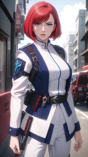 Anime-Style Image of A Gorgeous 20-Year-Old British Female Vampire Slayer, (Wavy Bobcut Red Hair), (Pale Skin), (Blue Eyes), (Wearing White and Blue Tactical Assassin Outfit), (Modern City Road at Noon), (Standing Pose), (Waist Up Shot), (View From Front), Realistic Lighting, Intricate Face Detail, Intricate Hand Details, Vibrant Colors, Highly Detailed, High Definition, Trending on Artstation--style raw,arcane style