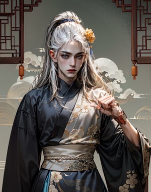 ((Twenty-year-old man in ancient China)),portrait, NO bangs, red eyes, eye focus, long hair, white hair, blue eyes,orange background, closed mouth, red background, looking at viewer, simple background, hair over one eye,brown eyes, blurry, nose, eyelashes, mask,((looking at viewer)),((facing viewer)),Masterpiece,martial arts,Chinese, realism,martial arts,play light and shadow,blue lights and shadow,Bauhaus photography,28mm fantasy landscape,Camille Could,Selective focus,Panorama,Chinese art,Chinese painting,quality,PIXIV, splashing ink,