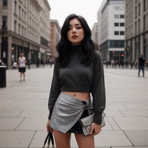 an American woman, black gray hair, wearing a mini skirt, in a square with her hands on her waist