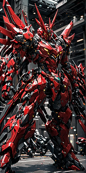 An intricate character design enlists Sazabi(gumdam) in a battle-ready stance, prepared to take on a horde of fearsome monsters. The design exudes an aggressive and determined vibe, with a color scheme featuring a combination of deep reds and dark grays, highlighting Sazabi(gumdam)'s resilience and unwavering fighting spirit.
