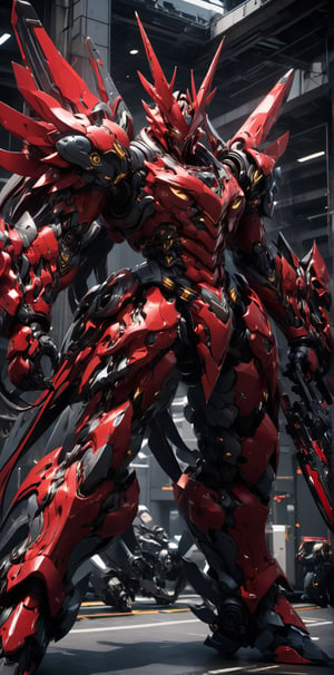 An intricate character design enlists Sazabi(gumdam) in a battle-ready stance, prepared to take on a horde of fearsome monsters. The design exudes an aggressive and determined vibe, with a color scheme featuring a combination of deep reds and dark grays, highlighting Sazabi(gumdam)'s resilience and unwavering fighting spirit.

