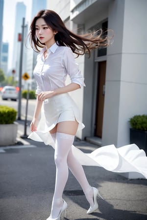 Young girl , age 18, medium breast, sharp chin, Slim face, white silk shirt, short white skirt, floral pattern, highheels,  color, hair blowing in the wind ,realhands, milokk, cinematic, black stockings , medium shot, photo realistic 
,asian girl