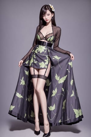 A young lady, age 20, 165 cm tall, long legs, cinematic, flower pattern, blurry_light_background,long skirt, heels, stockings, panty_and_stocking_with_garterbelt , big breasts,birds print,sexy_lingerie_model,flowers print, ,realhands,leaf  print