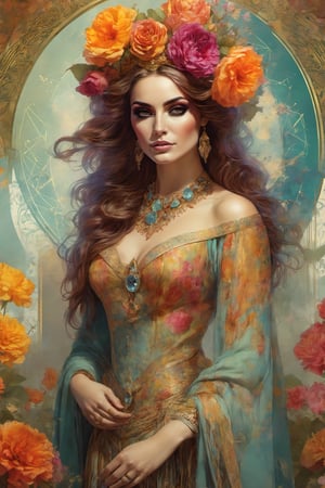 "beautiful woman" the magician in a tarot card, highly detailed, half skull face, cinematic, 8 k, style by stanley artgermm, tom bagshaw, carne griffiths, hyper detailed, full of colour,playing cards, flowersupper body,