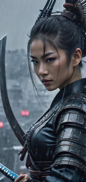 Create a last samurai woman in age of technology, Last battle,,holding katana, background of futuristic tokyo, dark rainy day, highly detailed.,Movie Still,oni style,DonMPl4sm4T3chXL ,DonMCyb3rN3cr0XL ,DonMWr41thXL ,Film Still