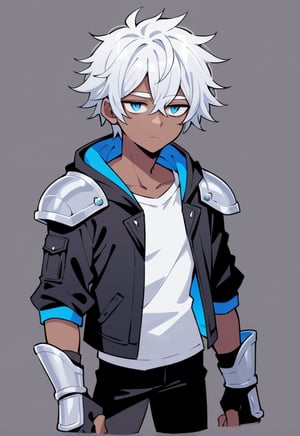 masterpiece, high quality, high detailed face, best quality, absurdres,  score_8, BREAK, grey background,  cartoon, 

score anime, 1boy,  still, standing, solo, dark skin, blue eyes, white hair, messy hair, expressionless, ,tired eyes, fantasy, short hair, white eyebrows, open jacket, black jacket, grey t-shirt, black pants, fingerless gloves, vambraces, shoulder pads, hooded jacket, fingerless gauntlets, rolled up sleeves, neon,