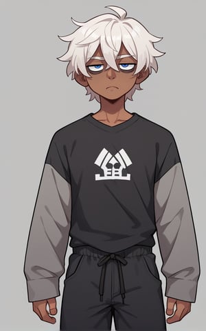 best quality, score_8, 2D, cowboy shot, grey background, still, firm,

muscular, looking at viewer, 

1_boy, dark skin, solo, white hair, messy, hair,

grey sleeves, black tshirt, long sleeves, black pants, serious, baggy pants, tired eyes,