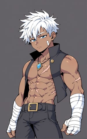 best quality, grey backround, solo, still,  firm, solo, score_anime, source_anime, score_8, standing

 male, solo, white hair, dark skin, blue eyes, fantasy, expresionless, tired eyes, short hair, messy hair, white eyebrows, (pixie cut, shaved), body scars, closed mouth,

black vest, open vest, black pants, toned, abs, baggy pants,  bandage hands, pendant, bandage chest, baggy pants,