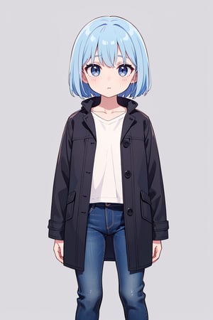 masterpiece), (best quality:1), ((consistency)),

petite, standing, solo, closed mouth

flat chest, expressionless, 

medium_hair, Light Blue hair, black, grey eye,

white shirt, jeans, black coat, 

simple background,
