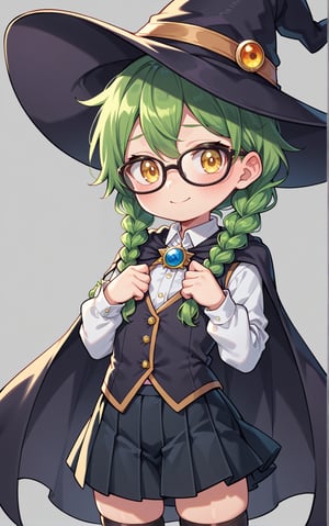 masterpiece, score_8_up, closed mouth, grey background, still, firm, solo, 

looking at viewer, grey background, cowboy shot, 

 shota, otoko no ko, green hair, twinbraids, yellow eyes, witch hat, vest, cape, pleated skirt, black skirt, black thighhighs, shy, smile, glasses,