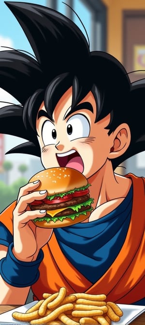 masterpiece, high quality, high detailed face, best quality, absurdres,  

a drawing of goku from the dragon ball series eating hamburgers at a fast food restaurant with his friend Bulma