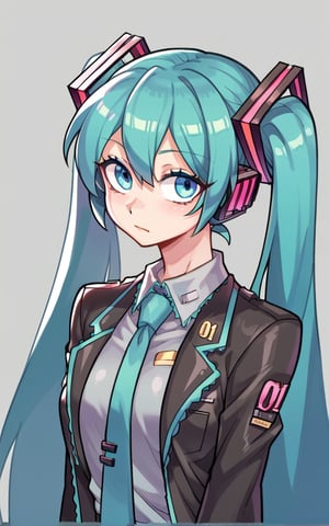 masterpiece, score_8_up, closed mouth, grey background, still, firm, solo, hatsune_miku,