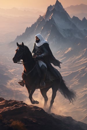 Masterpiece,wallpaper,realistic, Best Quality, (Best illustration), (Best Shade)،  War،fighting,4k,andalus outfit style,full body,unveil,riding a horse,sword in his right hand,unveil,black horse,man wearing white clothes,Movie Still,covering his face,looking from the top of a mountain