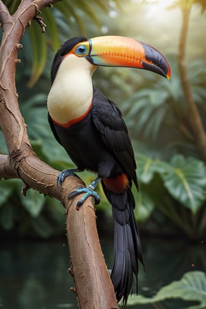 Toucan (Male) bird sitting on top of a tree branch, closed beak, very long tail, unsplashed photography, hyper realistic, staggering in its beauty, la nouvelle vague, sitting at a pond, , long flowing fins, highly capsuled, this set colours, Steve, 8k, sharp focused