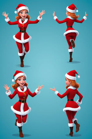 Character Design Sheet, a candid moment in a crowded North Pole Santa girl , character reference sheet, character turn around,disney style, running sequence for Adobe animate CC, 10 frame 