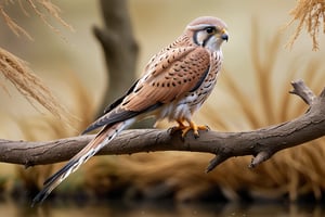 Kestrel bird sitting on top of a tree branch, closed beak, very long tail, unsplashed photography, hyper realistic, staggering in its beauty, la nouvelle vague, sitting at a pond, , long flowing fins, highly capsuled, this set colours, Steve, 8k, sharp focused