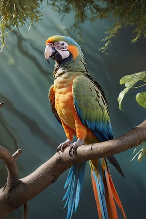 a parrot (Male) bird sitting on top of a tree branch, closed beak, very long tail, unsplashed photography, hyper realistic, staggering in its beauty, la nouvelle vague, sitting at a pond, , long flowing fins, highly capsuled, this set colours, Steve, 8k, sharp focused