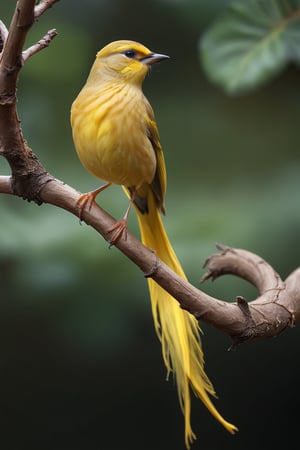 Canary (Male) bird sitting on top of a tree branch, closed beak, very long tail, unsplashed photography, hyper realistic, staggering in its beauty, la nouvelle vague, sitting at a pond, , long flowing fins, highly capsuled, this set colours, Steve, 8k, sharp focused