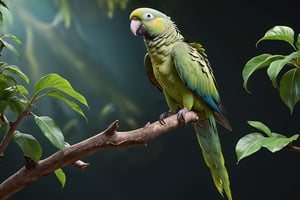 Green parrot (Male) bird sitting on top of a tree branch, closed beak, very long tail, unsplashed photography, hyper realistic, staggering in its beauty, la nouvelle vague, sitting at a pond, , long flowing fins, highly capsuled, this set colours, Steve, 8k, sharp focused