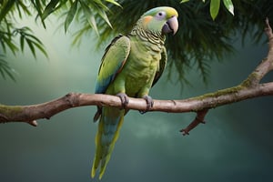 Green parrot (Male) bird sitting on top of a tree branch, closed beak, very long tail, unsplashed photography, hyper realistic, staggering in its beauty, la nouvelle vague, sitting at a pond, , long flowing fins, highly capsuled, this set colours, Steve, 8k, sharp focused