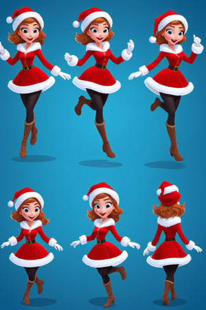 Character Design Sheet, a candid moment in a crowded North Pole Santa girl , character reference sheet, character turn around,disney style, running sequence for Adobe animate CC, 10 frame 