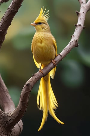 Canary (Male) bird sitting on top of a tree branch, closed beak, very long tail, unsplashed photography, hyper realistic, staggering in its beauty, la nouvelle vague, sitting at a pond, , long flowing fins, highly capsuled, this set colours, Steve, 8k, sharp focused