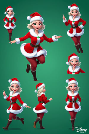 Character Design Sheet, a candid moment in a crowded North Pole Santa girl , (Croma green background), character reference sheet, character turn around,disney style, running sequence for Adobe animate CC, 10 frame , also mention the page one is the first second third number