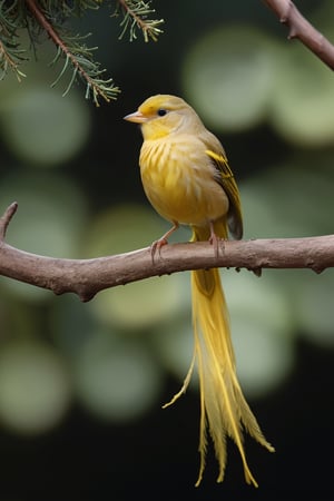 Canary (Male) bird sitting on top of a tree branch, closed beak, very long tail, unsplashed photography, hyper realistic, staggering in its beauty, la nouvelle vague, sitting at a pond, , long flowing fins, highly capsuled, this set colours, Steve, 8k, sharp focused