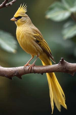 Canary (Male) bird sitting on top of a tree branch, closed beak, very long tail, unsplashed photography, hyper realistic, staggering in its beauty, la nouvelle vague, sitting at a pond, , long flowing fins, highly capsuled, this set colours, Steve, 8k, sharp focused