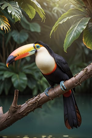 Toucan (Male) bird sitting on top of a tree branch, closed beak, very long tail, unsplashed photography, hyper realistic, staggering in its beauty, la nouvelle vague, sitting at a pond, , long flowing fins, highly capsuled, this set colours, Steve, 8k, sharp focused