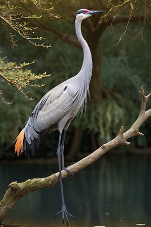 Crane (Male) bird sitting on top of a tree branch, closed beak, very long tail, unsplashed photography, hyper realistic, staggering in its beauty, la nouvelle vague, sitting at a pond, , long flowing fins, highly capsuled, this set colours, Steve, 8k, sharp focused