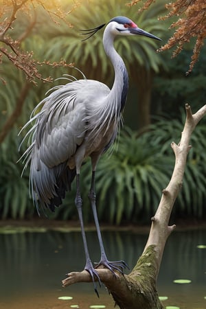 Crane (Male) bird sitting on top of a tree branch, closed beak, very long tail, unsplashed photography, hyper realistic, staggering in its beauty, la nouvelle vague, sitting at a pond, , long flowing fins, highly capsuled, this set colours, Steve, 8k, sharp focused