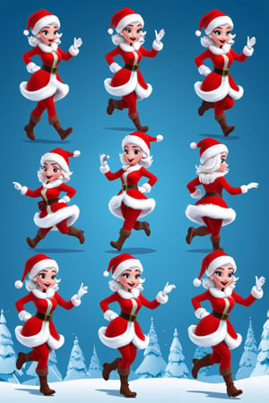 Character Design Sheet, a candid moment in a crowded North Pole Santa girl , character reference sheet, character turn around,disney style, running sequence for Adobe animate CC, 10 frame , also mention the page one is the first second third number